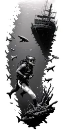 scuba diver exploring underwater shipwreck surrounded by sharks tattoo design idea