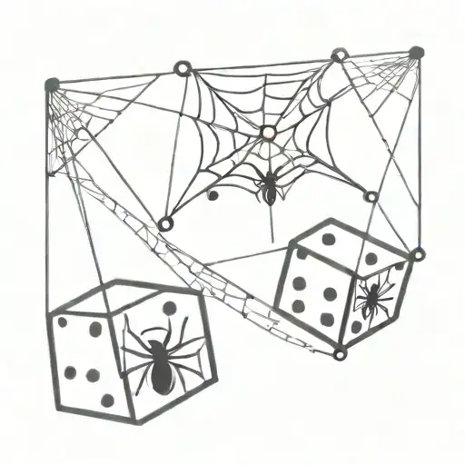two dice, a spider (black widow) is descending on the bottom one on a web, minimalist tattoo design idea