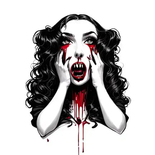 hot vampire girl blood dripping from mouth fangs sexy dark dress sharp nail tattoo design idea