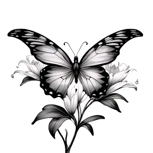 fine line butterfly tattoo with the wings moving effect on a lily flowe tattoo design idea