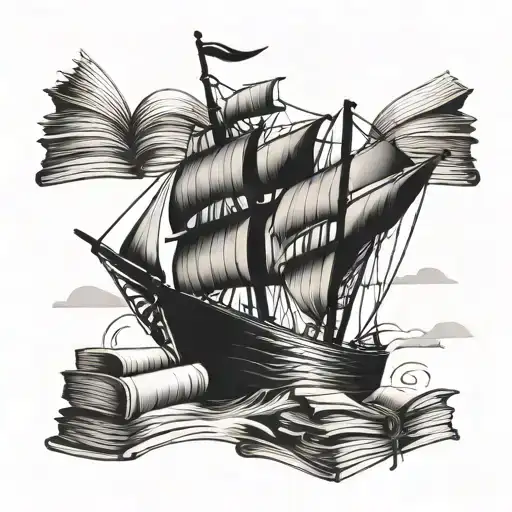 An entrepreneur sailing on a boat made of books, symbolizing the journey of knowledge and business tattoo design idea