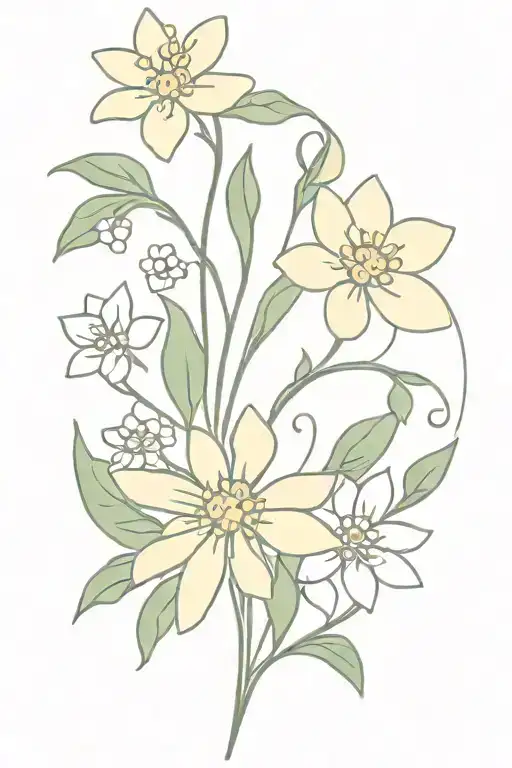 bundle of flowers intertwined that include a daisy, a lily of the valley, a rose, a cosmos, and a holly berry tattoo design idea