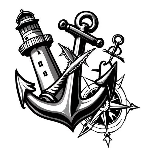 anchor, lighthouse and compass intertwined symbolizing the client's tattoo design idea
