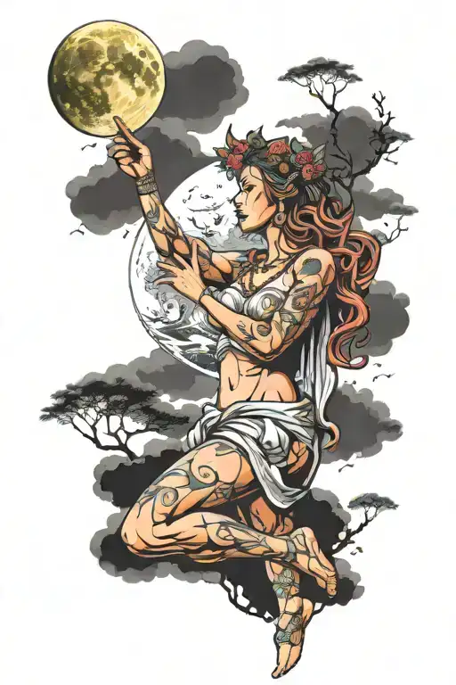 wisdom goddess full body standing raised hand powerful sexy full moon rising tattoo design idea