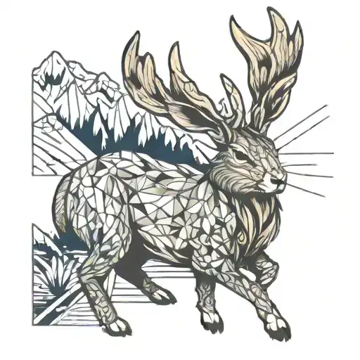 jackalope and mountain lake surrounded tattoo design idea