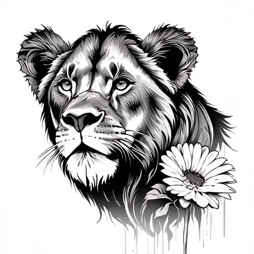 Lioness, Gerbera, doodle tattoo design featuring tattoo design idea