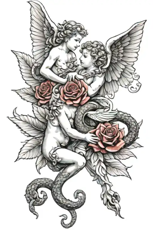 cherub angels, snake, and red outline flowers from shoulder to elbow  tattoo design idea