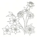 a bouquet of the following flowers: daffodils, carnations, chrysanthemum, and asters.  ONE of each flower with foliages  tattoo design idea