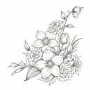 a bouquet of the following flowers: daffodils, carnations, chrysanthemum, and asters.  ONE of each flower with foliages  tattoo design idea