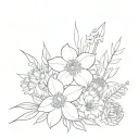 a bouquet of the following flowers: daffodils, carnations, chrysanthemum, and asters.  ONE of each flower with foliages  tattoo design idea