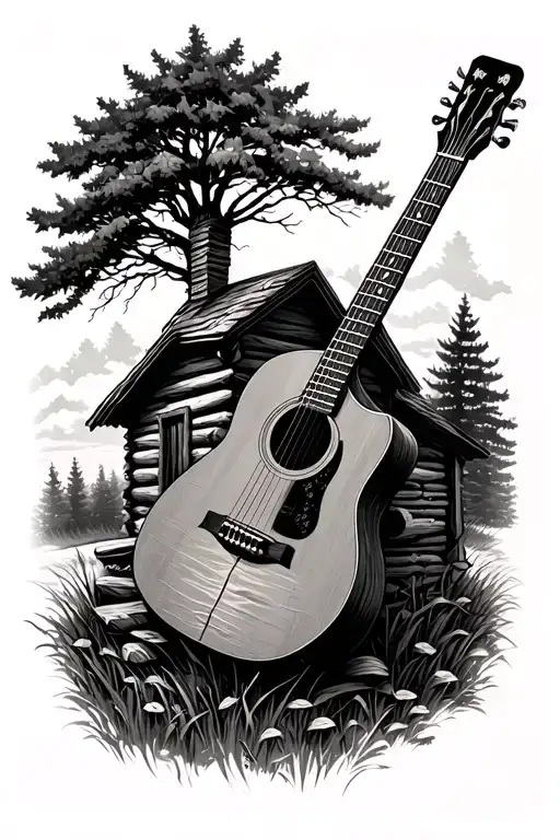 Log Cabin With An Acoustic Guitar Nature Scene  tattoo design idea
