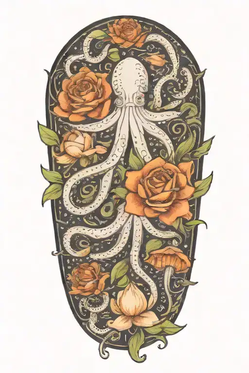snowdrop, rose, marigold, octopus tenticals tattoo design idea