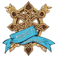 Celtic Cross with ""Blessed are the peacemakers." written on a blue sash draped  on cross. tattoo design idea