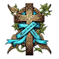 Celtic Cross with ""Blessed are the peacemakers." written on a blue sash draped  on cross. tattoo design idea