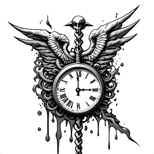 rod of asclepius with clock melting tattoo design idea