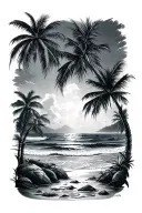 Men’s lower leg sleeve tattoo using black and gray colors. Tropical beach theme. tattoo design idea