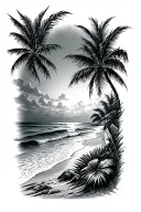 Men’s lower leg sleeve tattoo using black and gray colors. Tropical beach theme. tattoo design idea