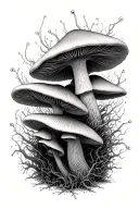 mushroom with mycelium network connections intertwined throughout tattoo design idea