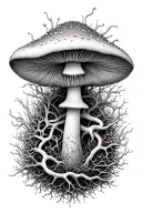 mushroom with mycelium network connections intertwined throughout tattoo design idea