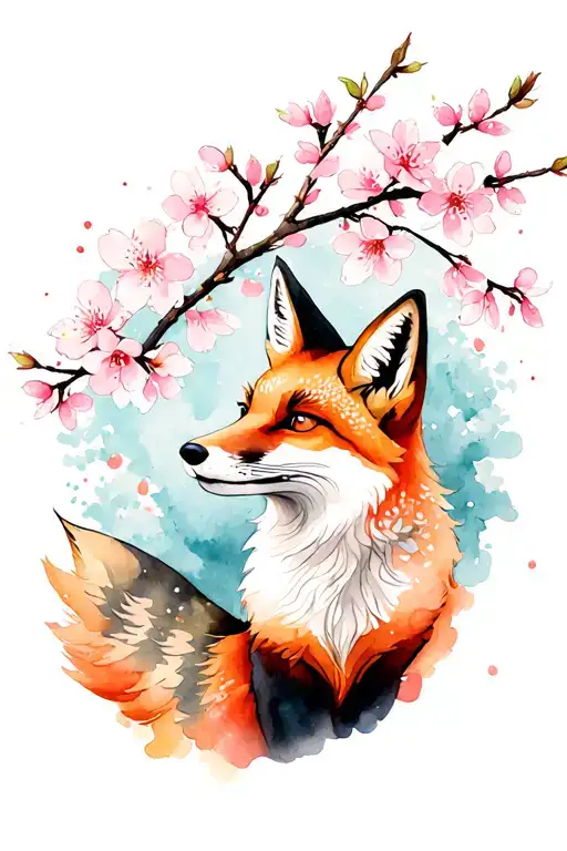 fox and cherry blossoms tattoo design idea