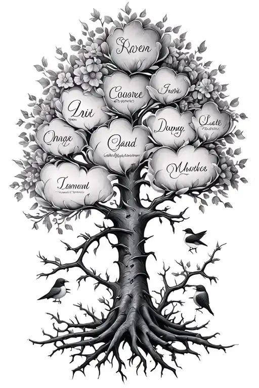 family tree featuring 5 children names as leaves incorporating elements like flowers with thorns & birds  tattoo design idea