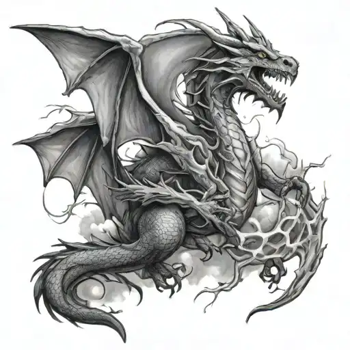 dragon, birds and lightning storm tattoo design idea