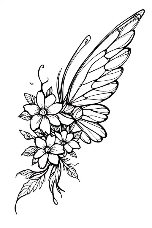 fairy wings and flowers intertwined tattoo design idea