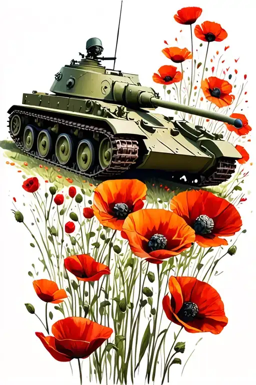 matilda army tank surrounded with poppies blooming tattoo design idea