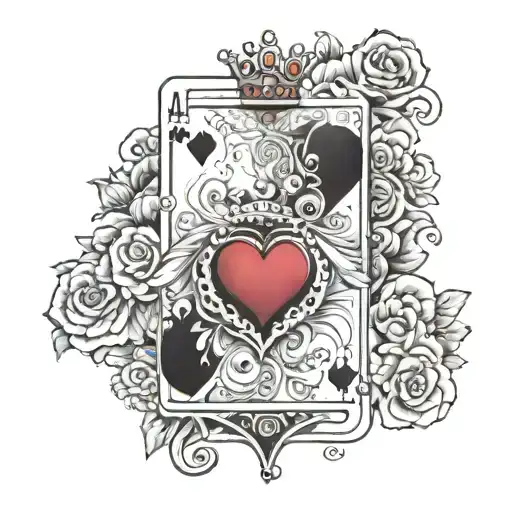 Queen of hearts card in black and white. shading. hearts and florals. cutesy.  tattoo design idea
