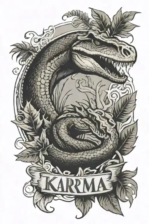Snake going through leaves in jungle, with an t-Rex, eyeball somewhere in there, dinosaur claws, and the words “karma”  tattoo design idea