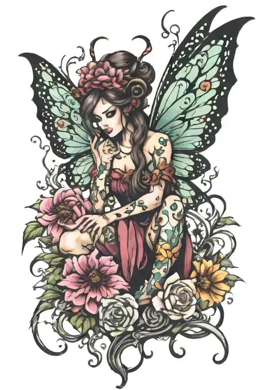 Create a dark fantasy tatoo with a little colour. a fairy being displayed from head to toe...  tattoo design idea