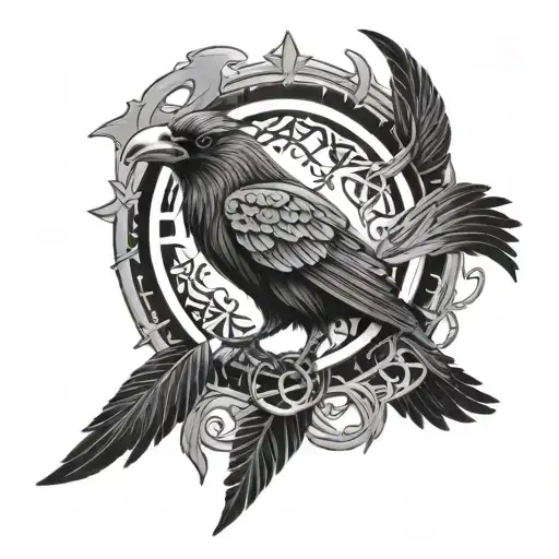 Odin, raven and Nordic runes tattoo design idea
