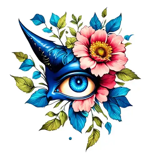 BLUE DEVIL EYE TATTOO WITH FLOWER PETALS tattoo design idea