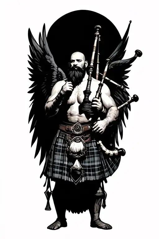 shirtless muscular bagpiper bald black beard playing bagpipes hoge black wings tattoo design idea