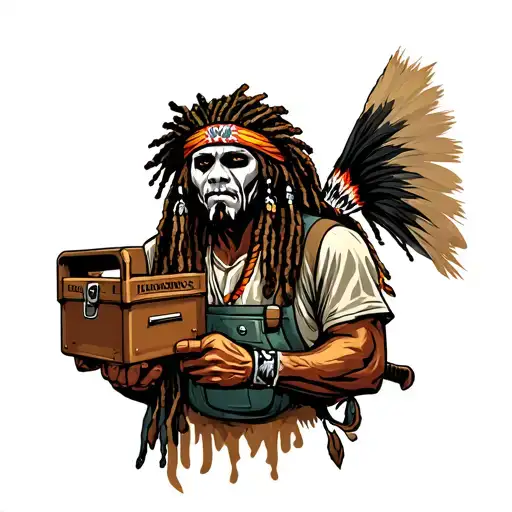 "Indigenous Plumbing " dreadlock painted face Native American plumber holding a toolbox tattoo design idea