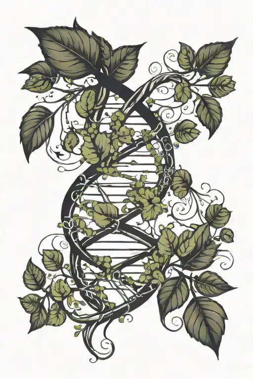 An intricate tattoo of a DNA strand intertwined with plant roots and leaves, symbolizing the connection between biology and nature tattoo design idea