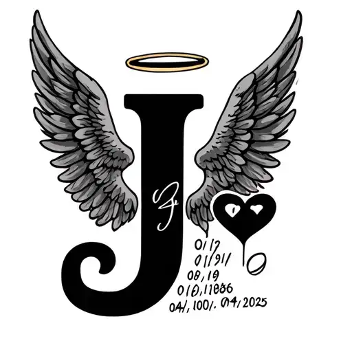 The letter J with an angel halo and a heart with the dates 08/19/1986 and 04/01/2025 added tattoo design idea
