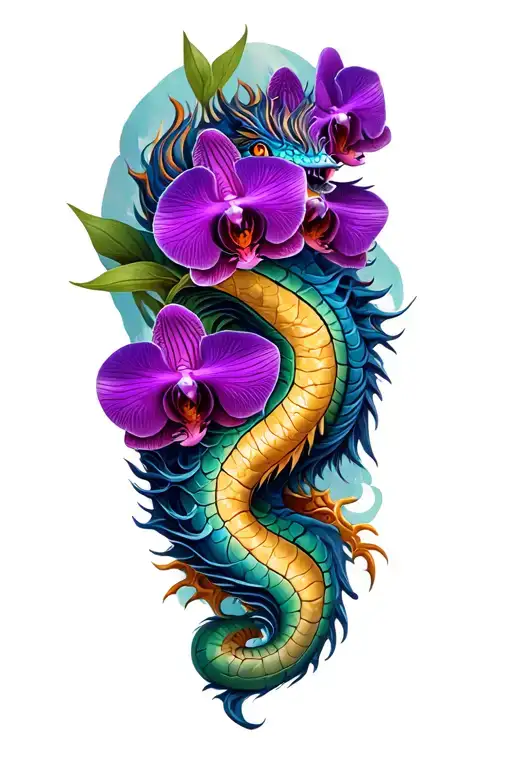 purple dragon and orchid thigh tattoo tattoo design idea