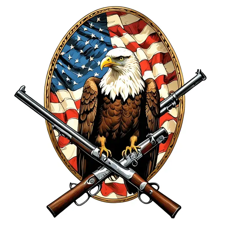 Bald Eagle perched on 2 old muskets crossed like an X with an American flag waving in the background. tattoo design idea