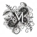 A stylized blackwork design of a blooming flower vine wrapping around Roman numerals that spell out your grandma's name tattoo design idea