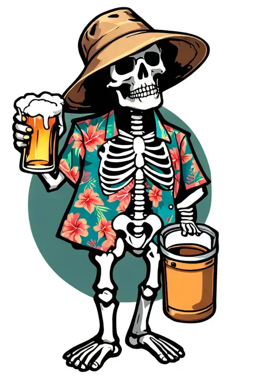 neo traditional skeleton in a Hawaiian shirt standing, holding beer in left hand, wearing a bucket hat tattoo design idea