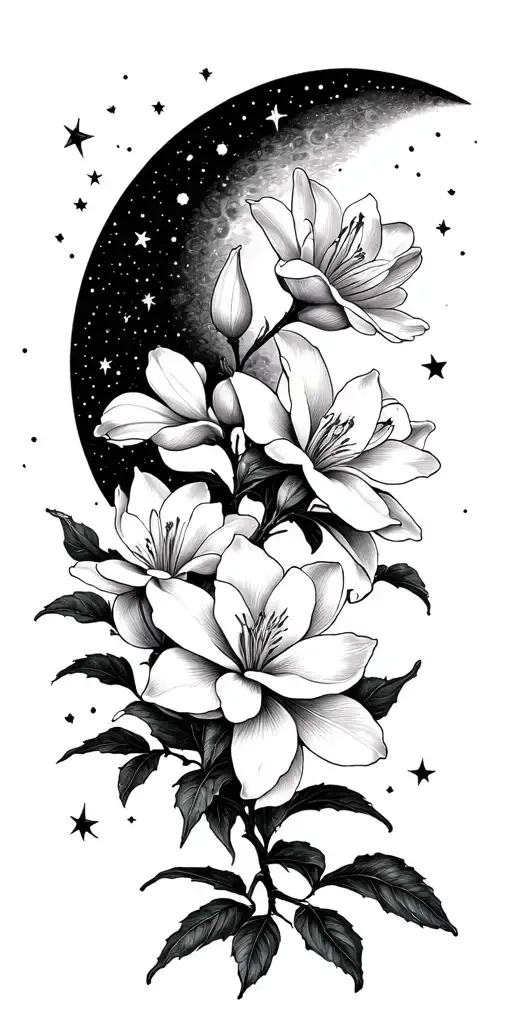 lillys magnolias blooming on a branch cresent moon many stars light shading tattoo design idea