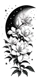 lillys magnolias blooming on a branch cresent moon many stars light shading tattoo design idea