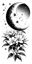 lillys magnolias blooming on a branch cresent moon many stars light shading tattoo design idea