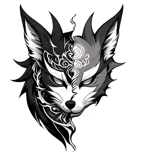 middle oni mask middle kitsune mask split in half tattoo design idea