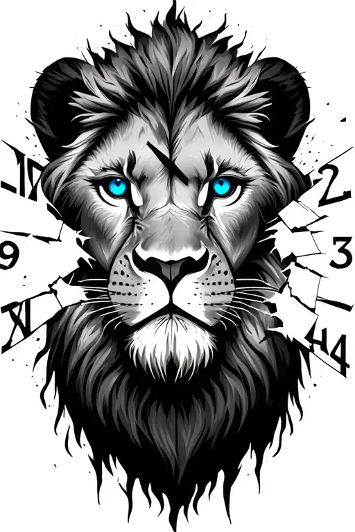 lion face, 1 blue eye,broken clock background, set to 12:46  tattoo design idea