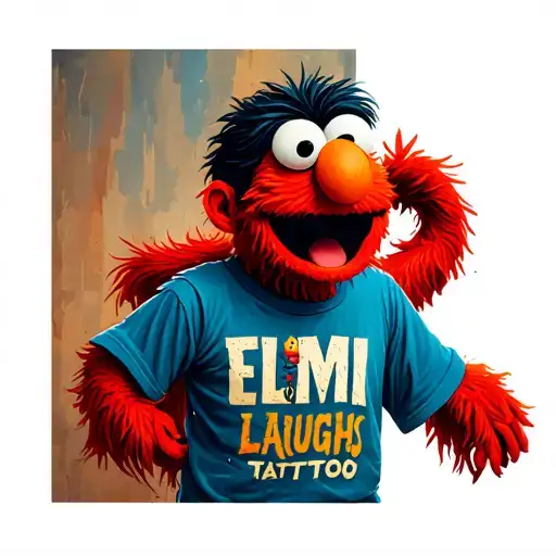 A small Indian man with a t-shirt written Elmo who laughs tattoo design idea