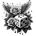 Wing and roses growing with a dice rolling tattoo design idea