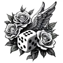 Wing and roses growing with a dice rolling tattoo design idea
