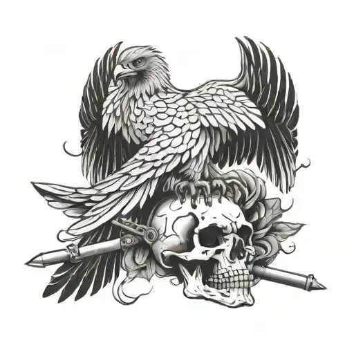 An eagle perched on top of a skull with guns crossed behind it tattoo design idea
